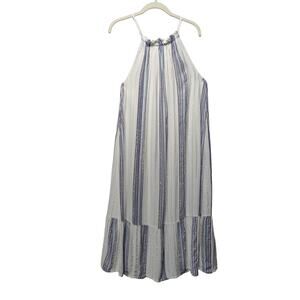 World Market Sz L/XL Halter Metallic Strip Midi Flowy Tiered Dress White Blue